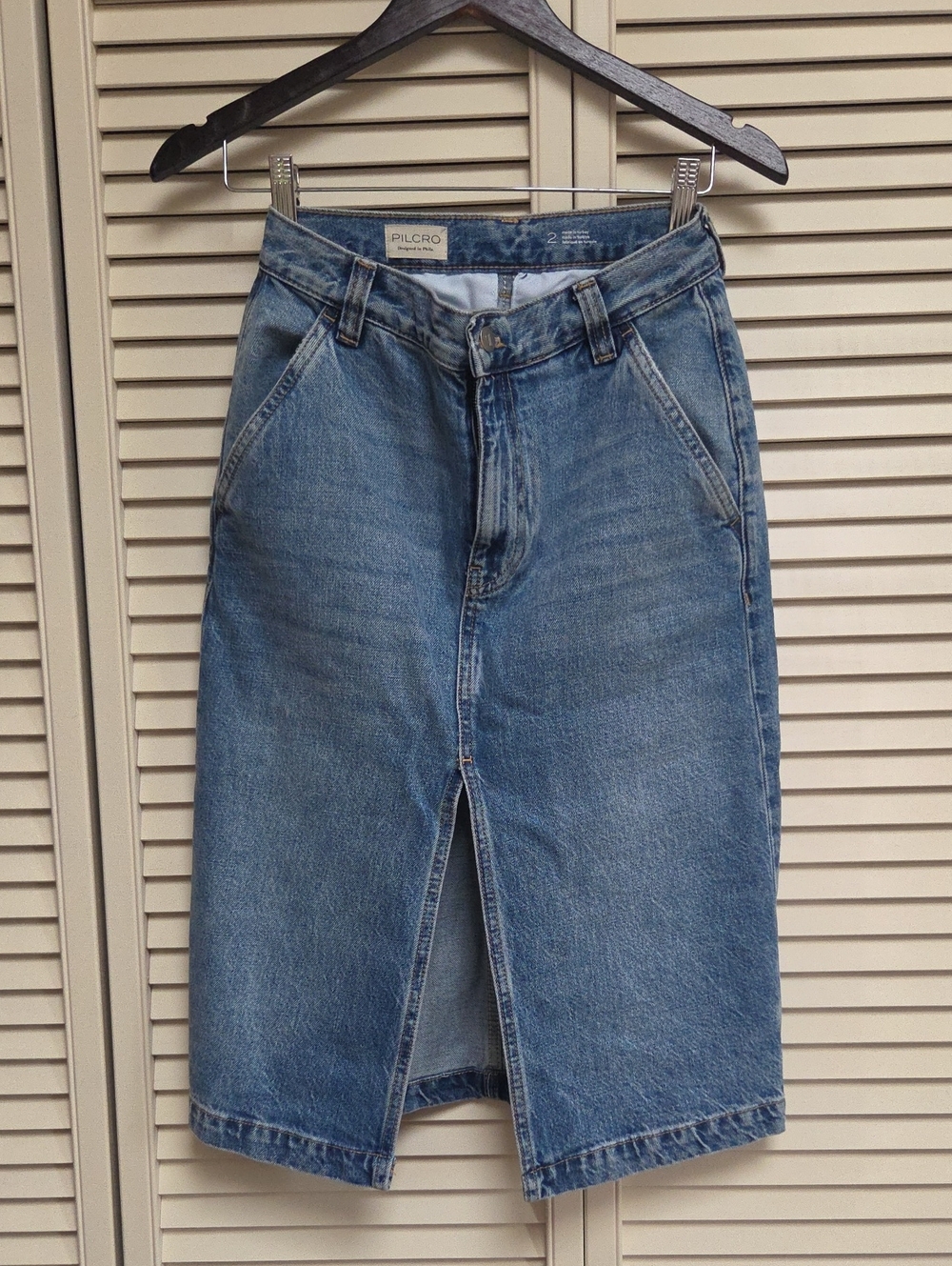 Pilcro Blue Straight-Leg Jeans Skirt with Front Slit